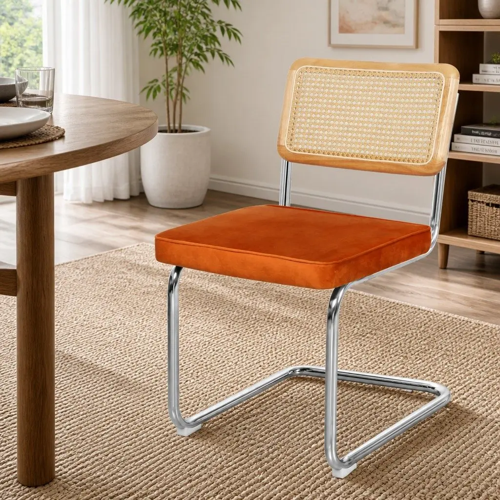 Velvet Padded Dining Chairs with Rattan Backrest