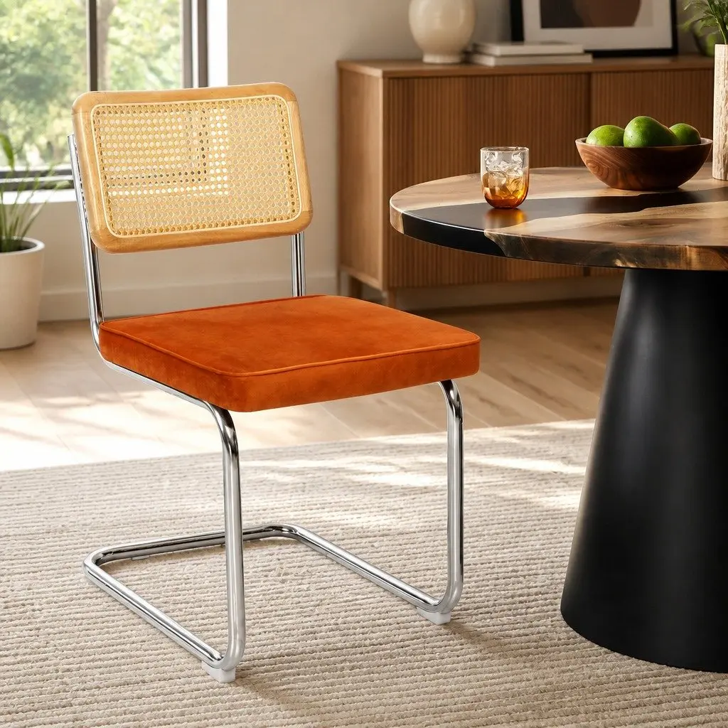 Velvet Padded Dining Chairs with Rattan Backrest