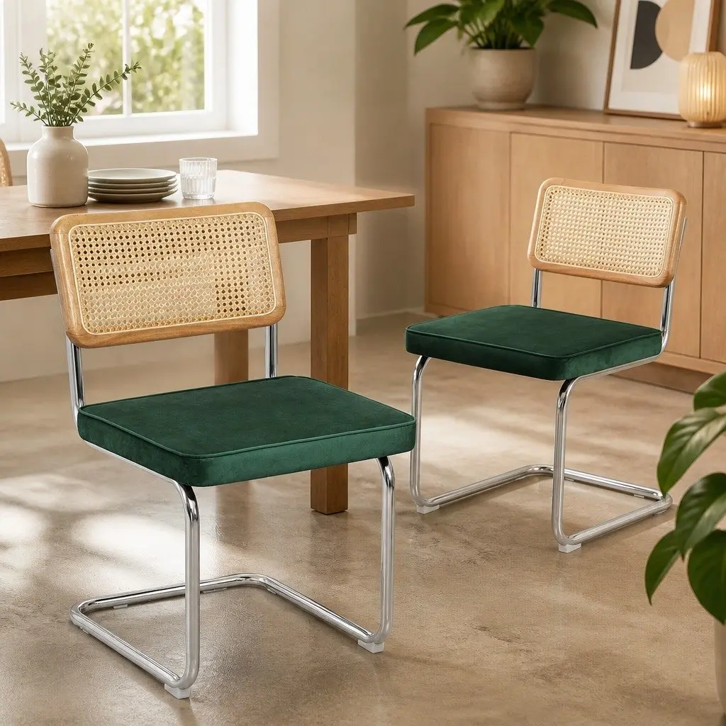 Dining Chairs Set of 2 Rattan Backrest Padded Seat Steel Frame Green Natural