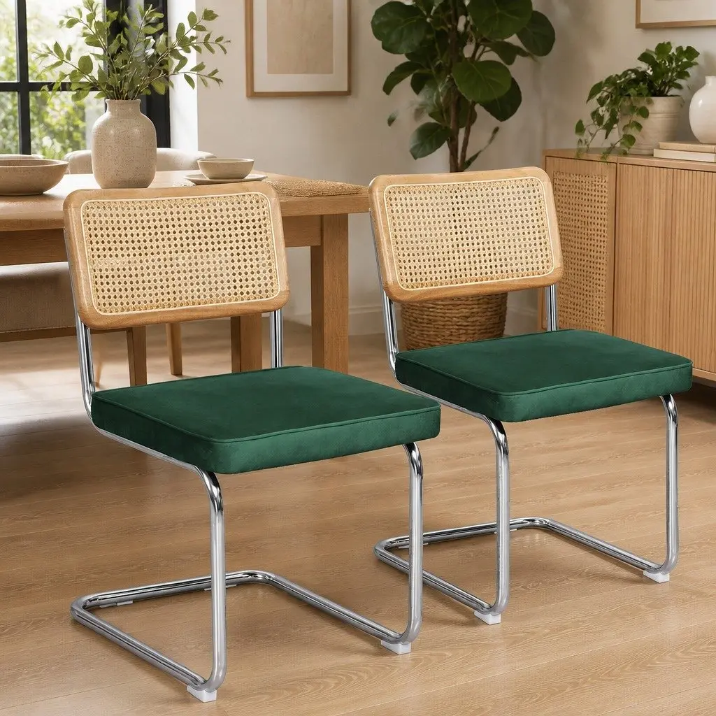 Dining Chairs Set of 2 Rattan Backrest Padded Seat Steel Frame Green Natural