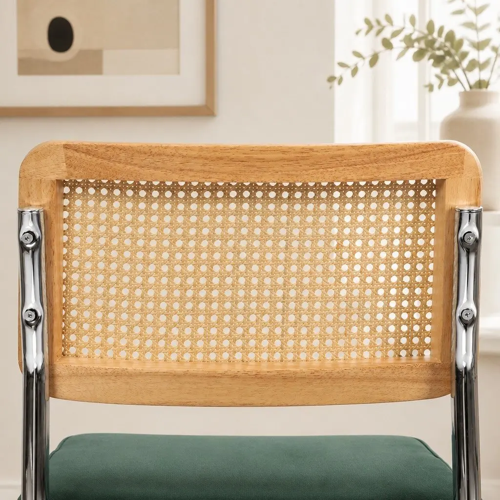 Dining Chairs Set of 2 Rattan Backrest Padded Seat Steel Frame Green Natural