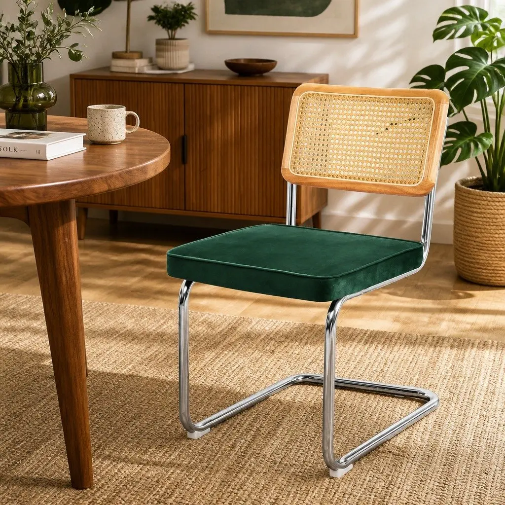 Dining Chairs Set of 2 Rattan Backrest Padded Seat Steel Frame Green Natural