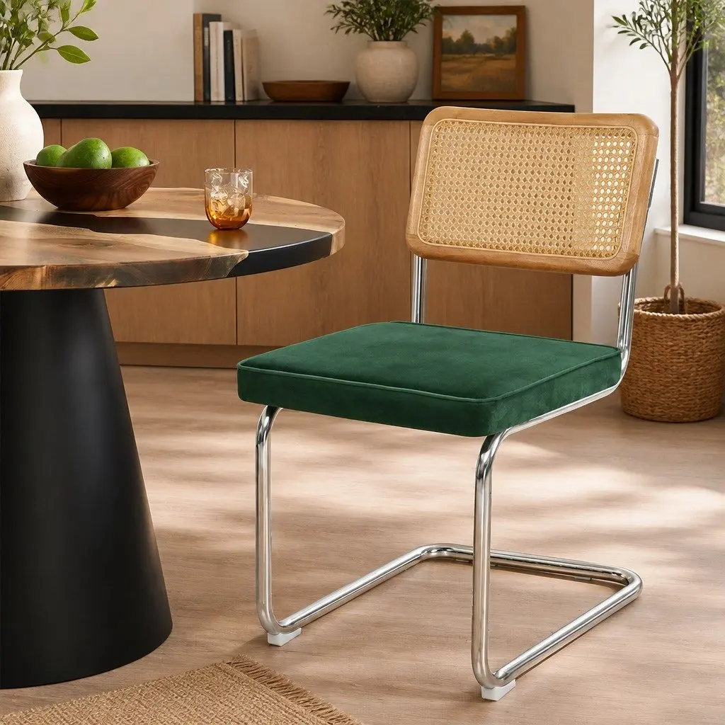 Dining Chairs Set of 2 Rattan Backrest Padded Seat Steel Frame Green Natural