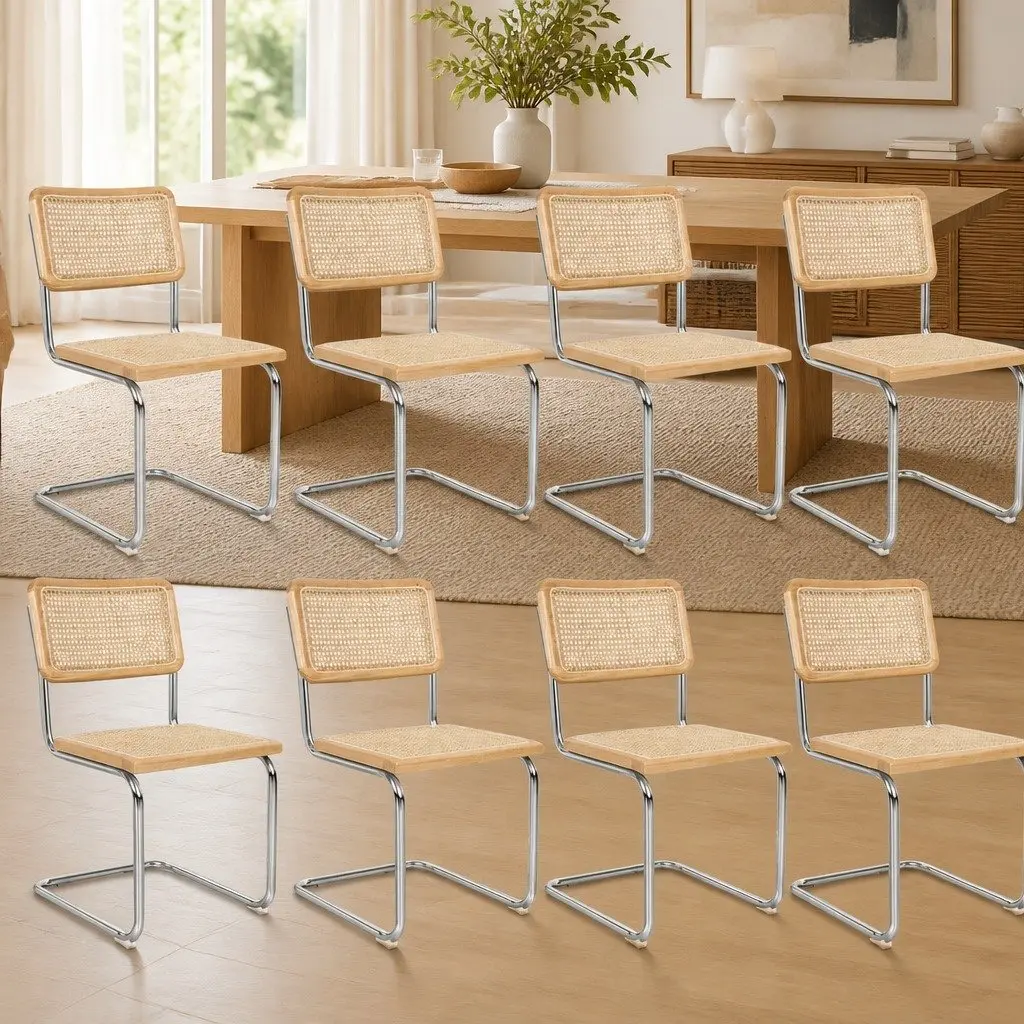 Rattan Dining Chairs Woven Seat Backrest Cantilevered Steel Frame Natural 6 Piece