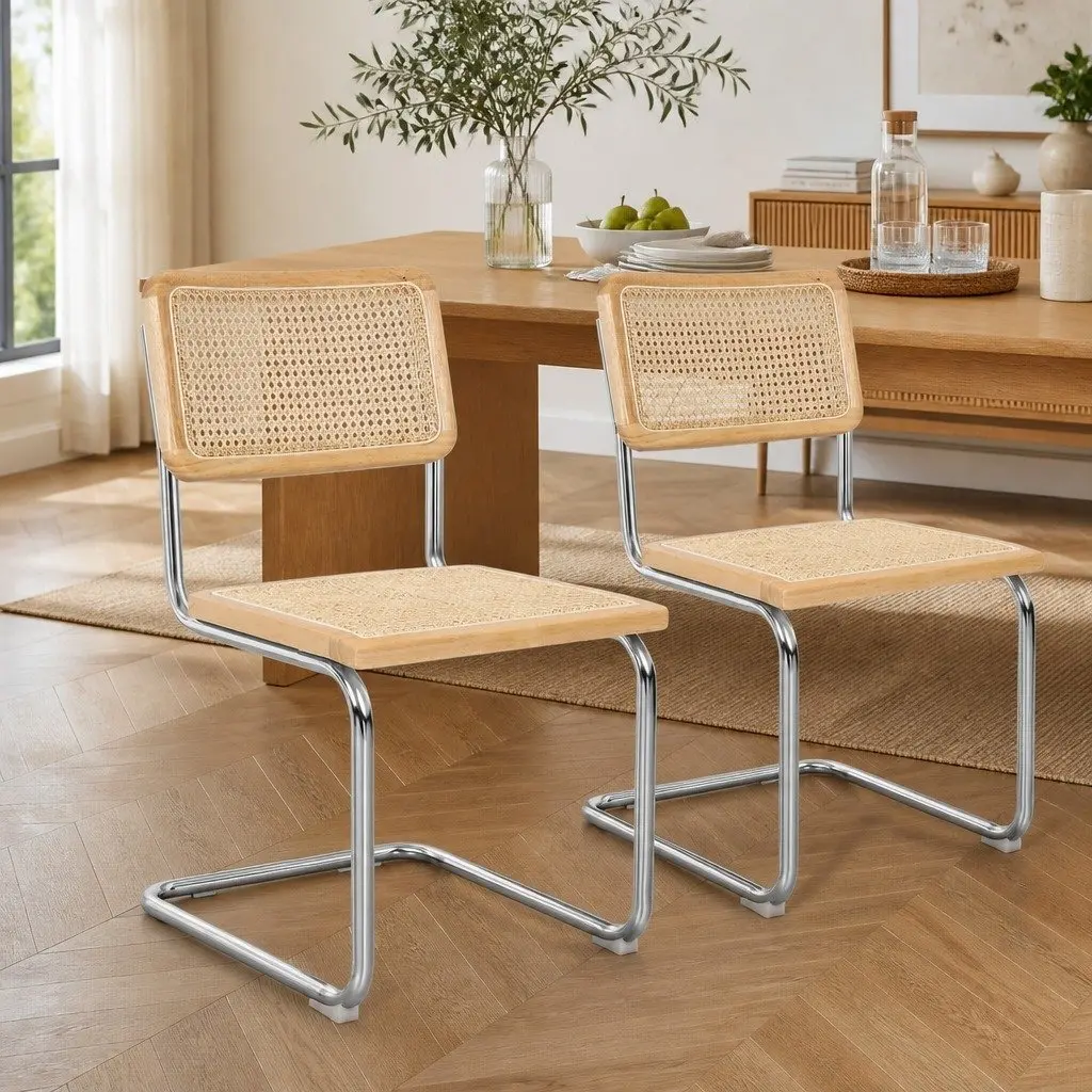 Rattan Dining Chairs Woven Seat Backrest Cantilevered Steel Frame Natural 6 Piece