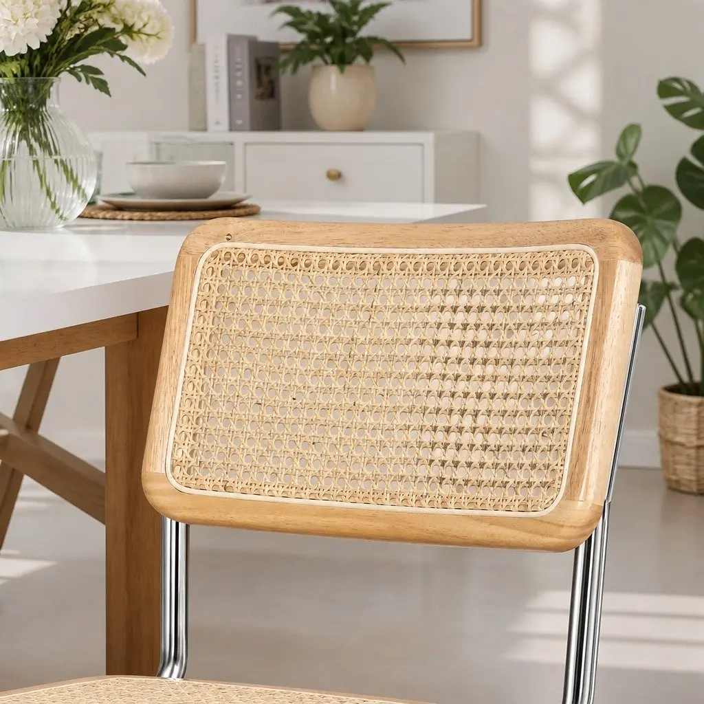 Rattan Dining Chairs Woven Seat Backrest Cantilevered Steel Frame Natural 6 Piece