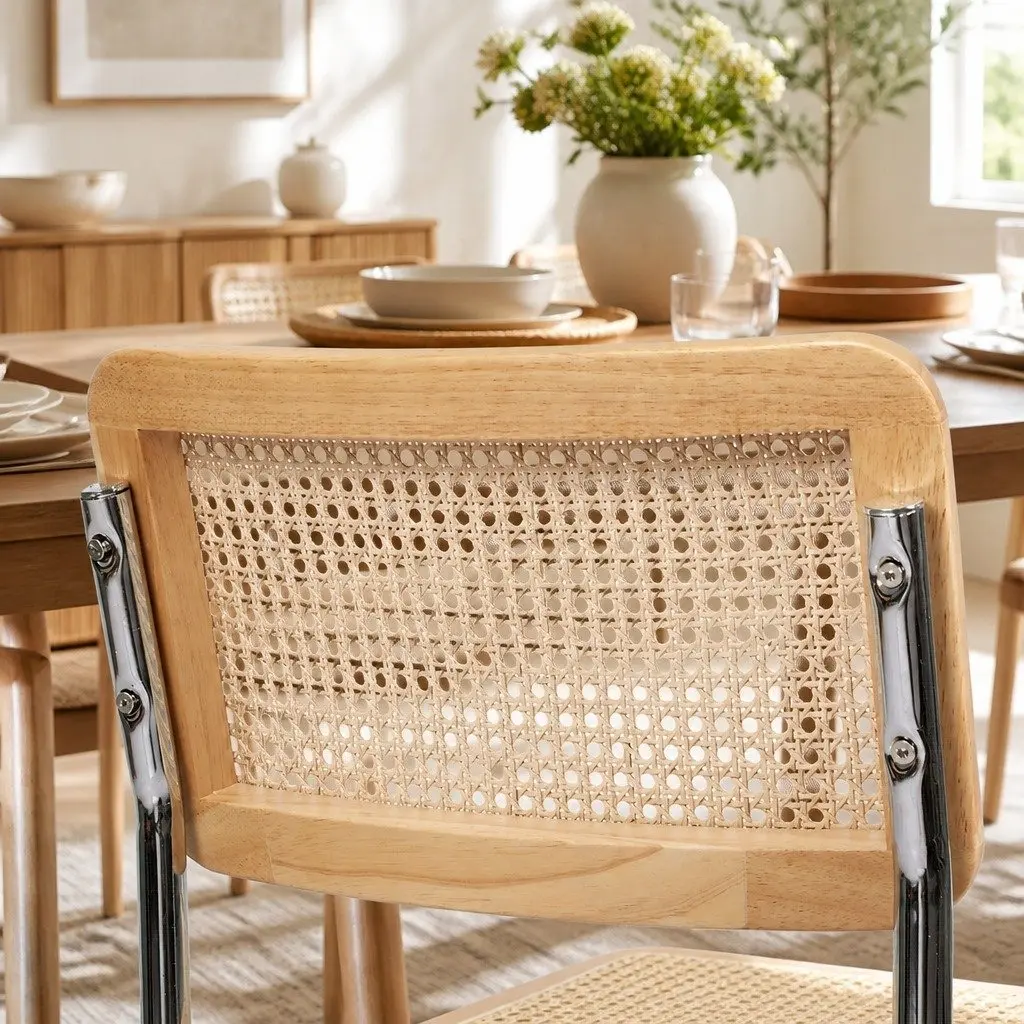 Rattan Dining Chairs Woven Seat Backrest Cantilevered Steel Frame Natural 6 Piece