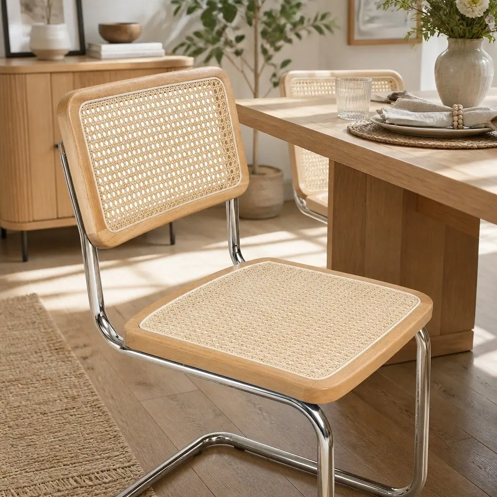 Rattan Dining Chairs Woven Seat Backrest Cantilevered Steel Frame Natural 6 Piece