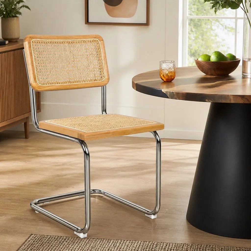 Rattan Dining Chairs Woven Seat Backrest Cantilevered Steel Frame Natural 6 Piece
