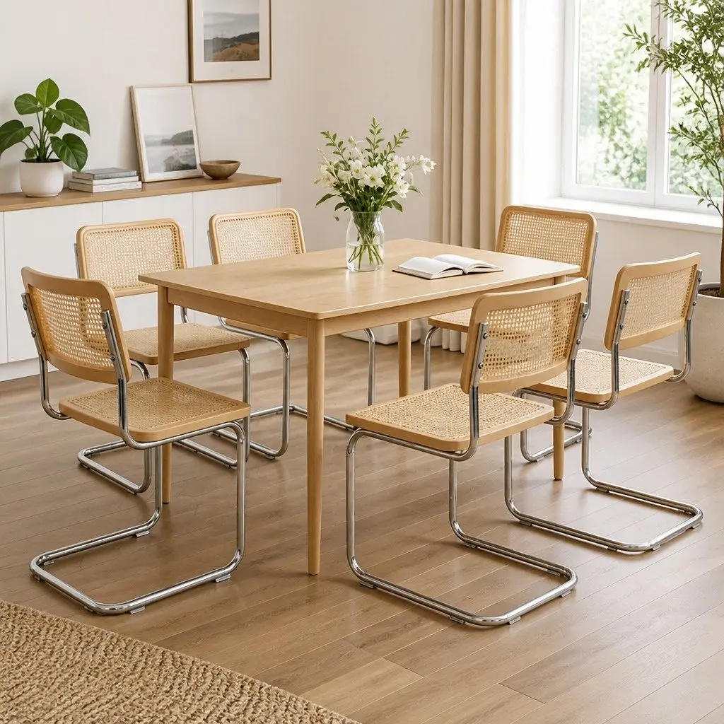 Rattan Dining Chairs Woven Seat Backrest Cantilevered Steel Frame Natural 6 Piece