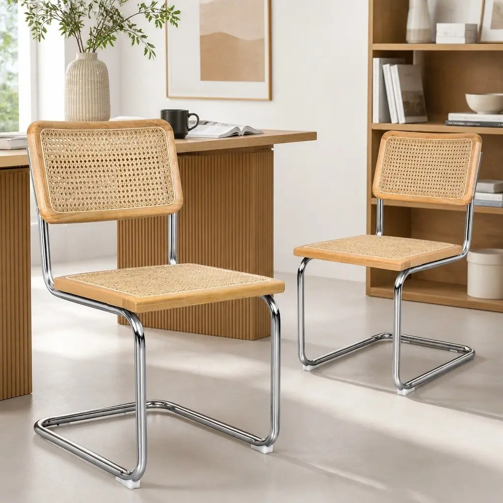 Rattan Dining Chairs Woven Seat Backrest Cantilevered Steel Frame Natural 6 Piece