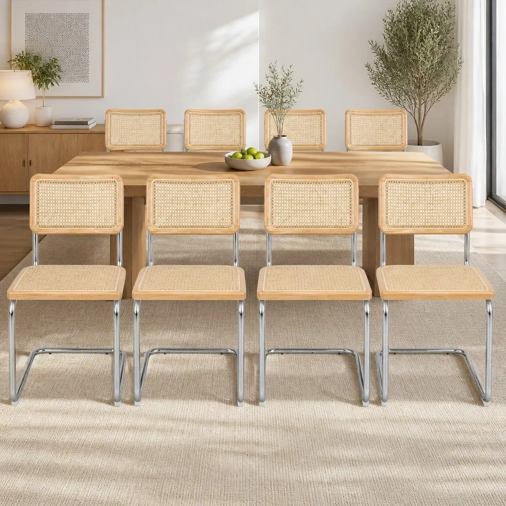 Rattan Dining Chairs Cantilever Steel Frame Woven Seat Backrest Natural 8 Piece