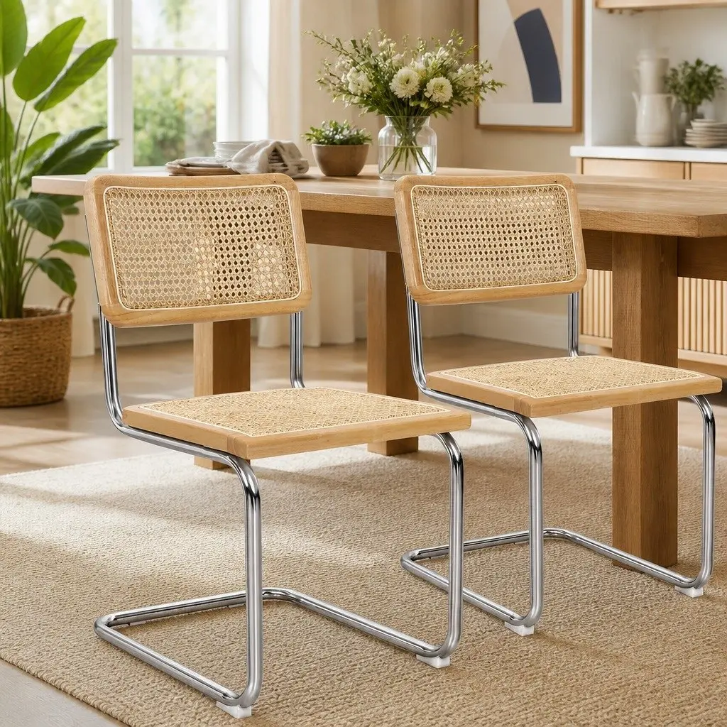 Rattan Dining Chairs Cantilever Steel Frame Woven Seat Backrest Natural 8 Piece