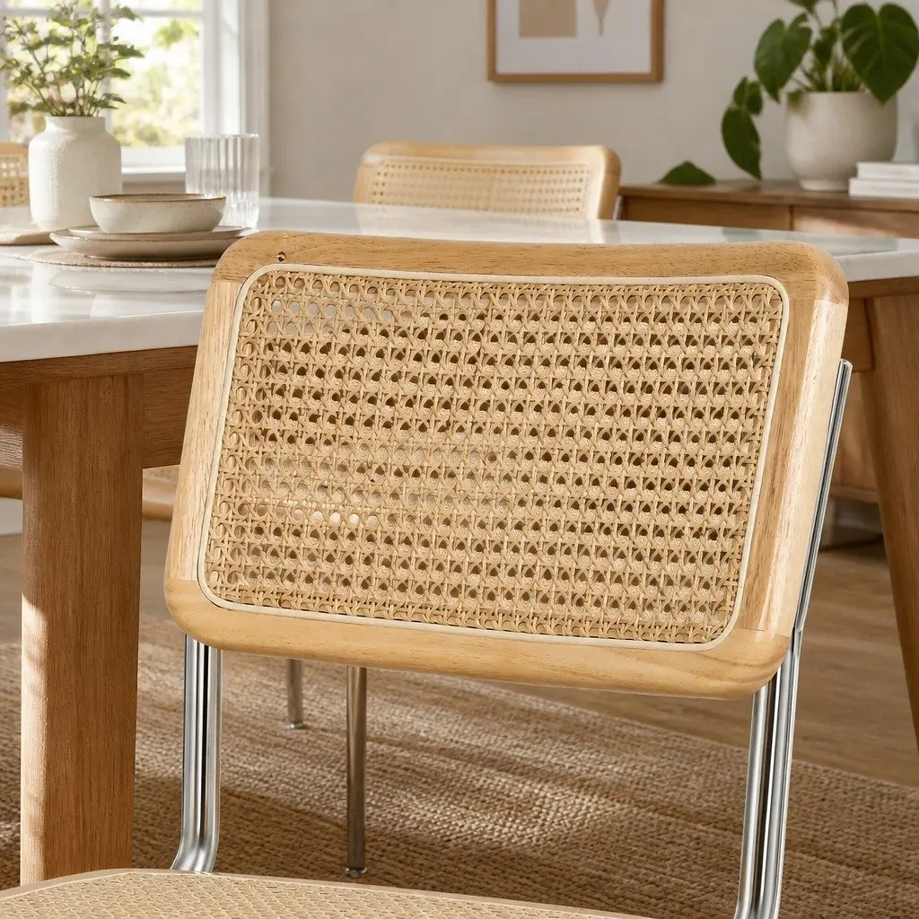 Rattan Dining Chairs Cantilever Steel Frame Woven Seat Backrest Natural 8 Piece
