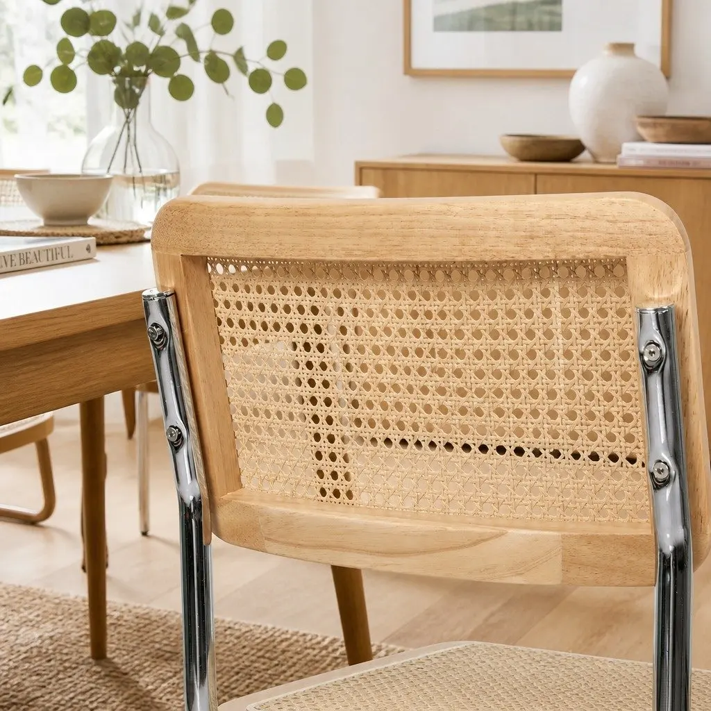 Rattan Dining Chairs Cantilever Steel Frame Woven Seat Backrest Natural 8 Piece