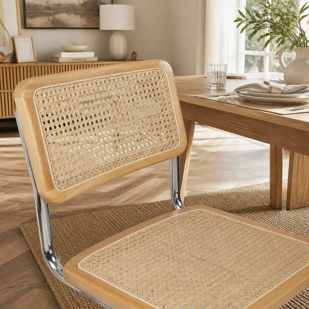 Rattan Dining Chairs Cantilever Steel Frame Woven Seat Backrest Natural 8 Piece