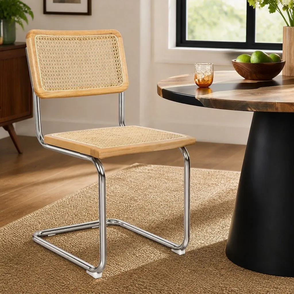 Rattan Dining Chairs Cantilever Steel Frame Woven Seat Backrest Natural 8 Piece