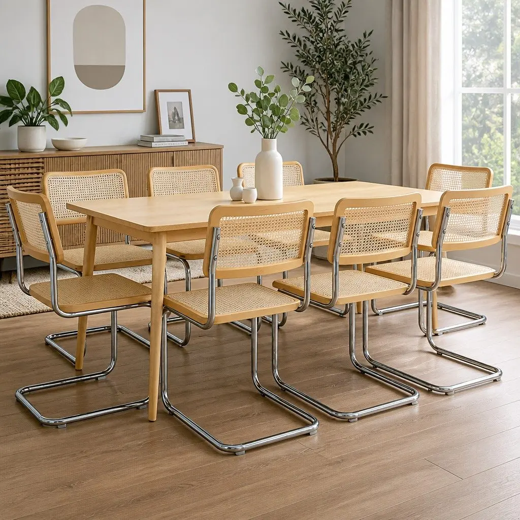 Rattan Dining Chairs Cantilever Steel Frame Woven Seat Backrest Natural 8 Piece