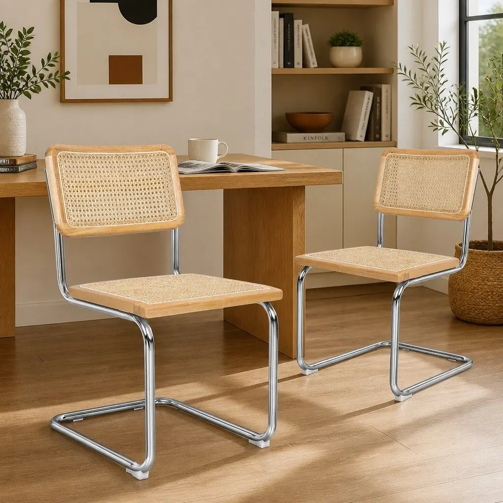 Rattan Dining Chairs Cantilever Steel Frame Woven Seat Backrest Natural 8 Piece
