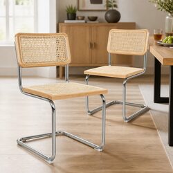 Rattan Dining Chairs Set of 2 Woven Seat Backrest Chrome Steel Frame Kitchen