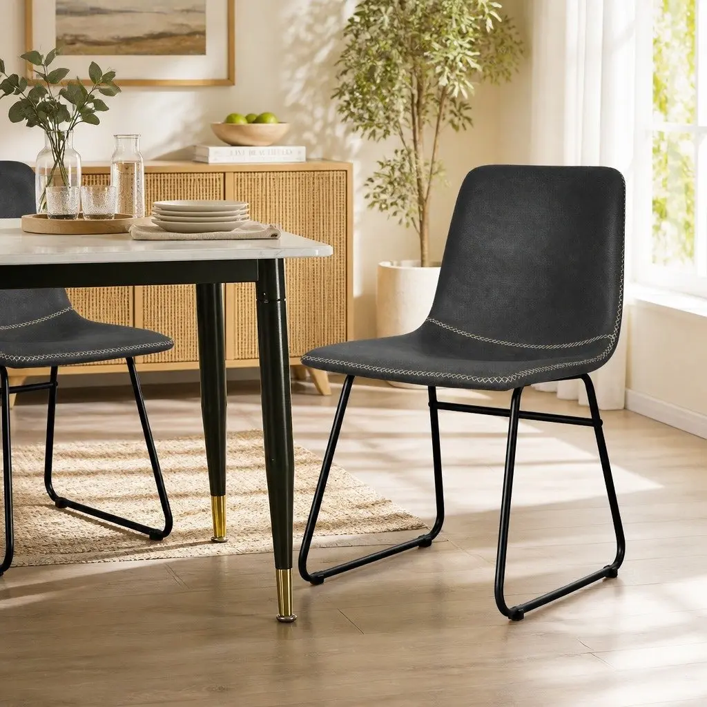 Dining Chairs Retro Style Set of 8 Faux Leather Black