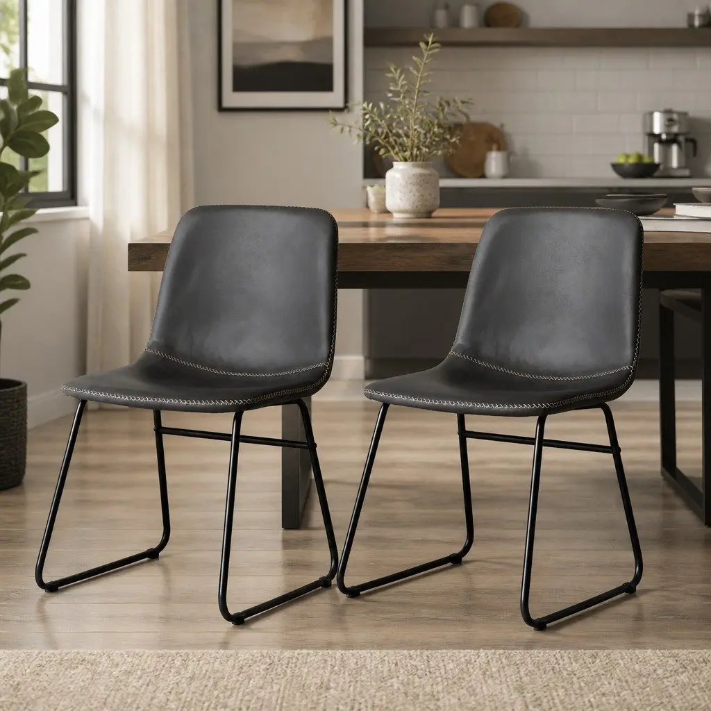 Dining Chairs Retro Black Faux Leather Ergonomic 2 Piece