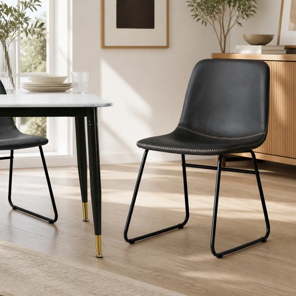 Dining Chairs Retro Black Faux Leather Ergonomic 2 Piece