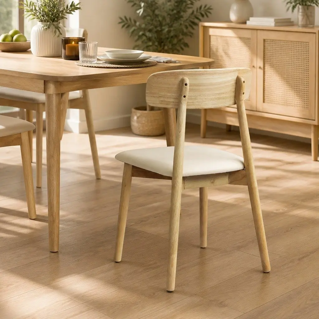 Set of 4 Ergonomic Dining Chairs Rubberwood Frame PU Leather Seat Natural Finish
