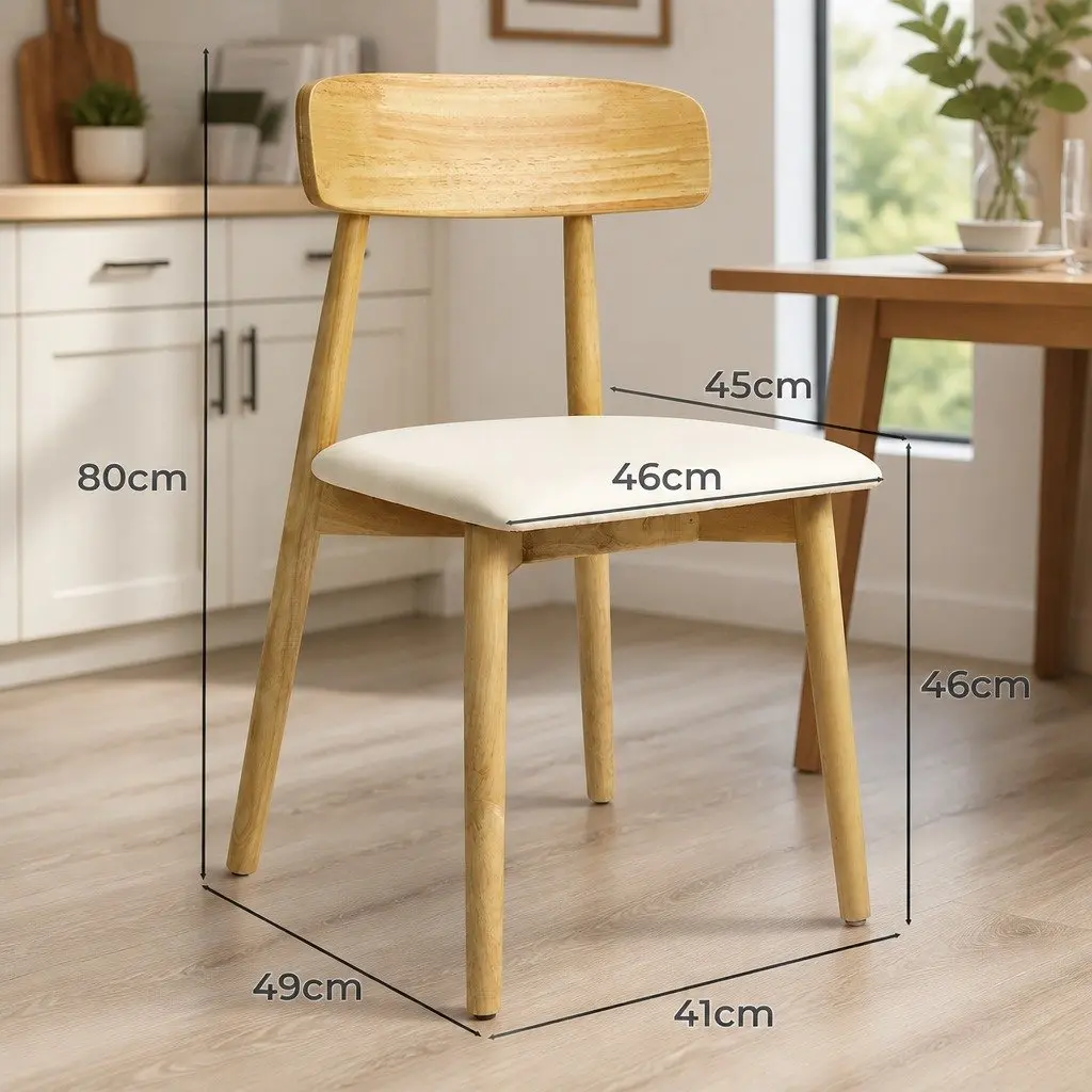 Set of 4 Ergonomic Dining Chairs Rubberwood Frame PU Leather Seat Natural Finish