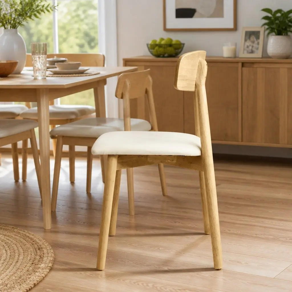 Set of 4 Ergonomic Dining Chairs Rubberwood Frame PU Leather Seat Natural Finish