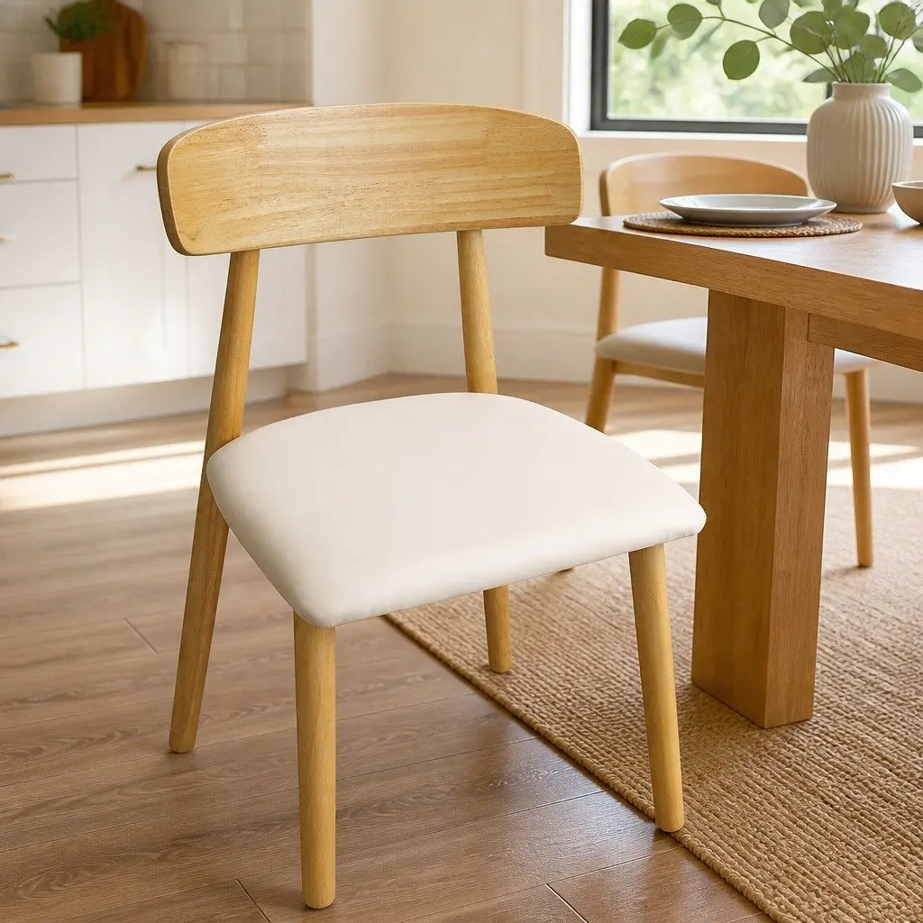 Set of 4 Ergonomic Dining Chairs Rubberwood Frame PU Leather Seat Natural Finish