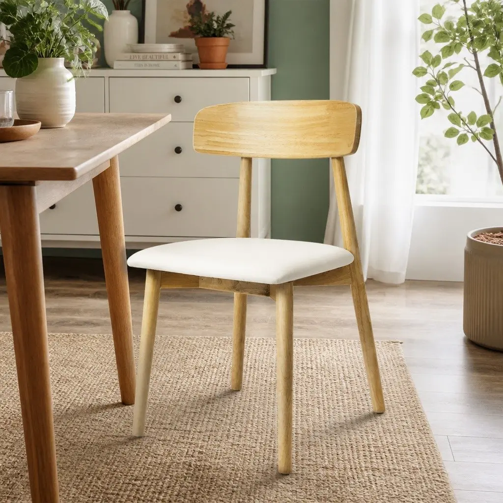 Set of 4 Ergonomic Dining Chairs Rubberwood Frame PU Leather Seat Natural Finish