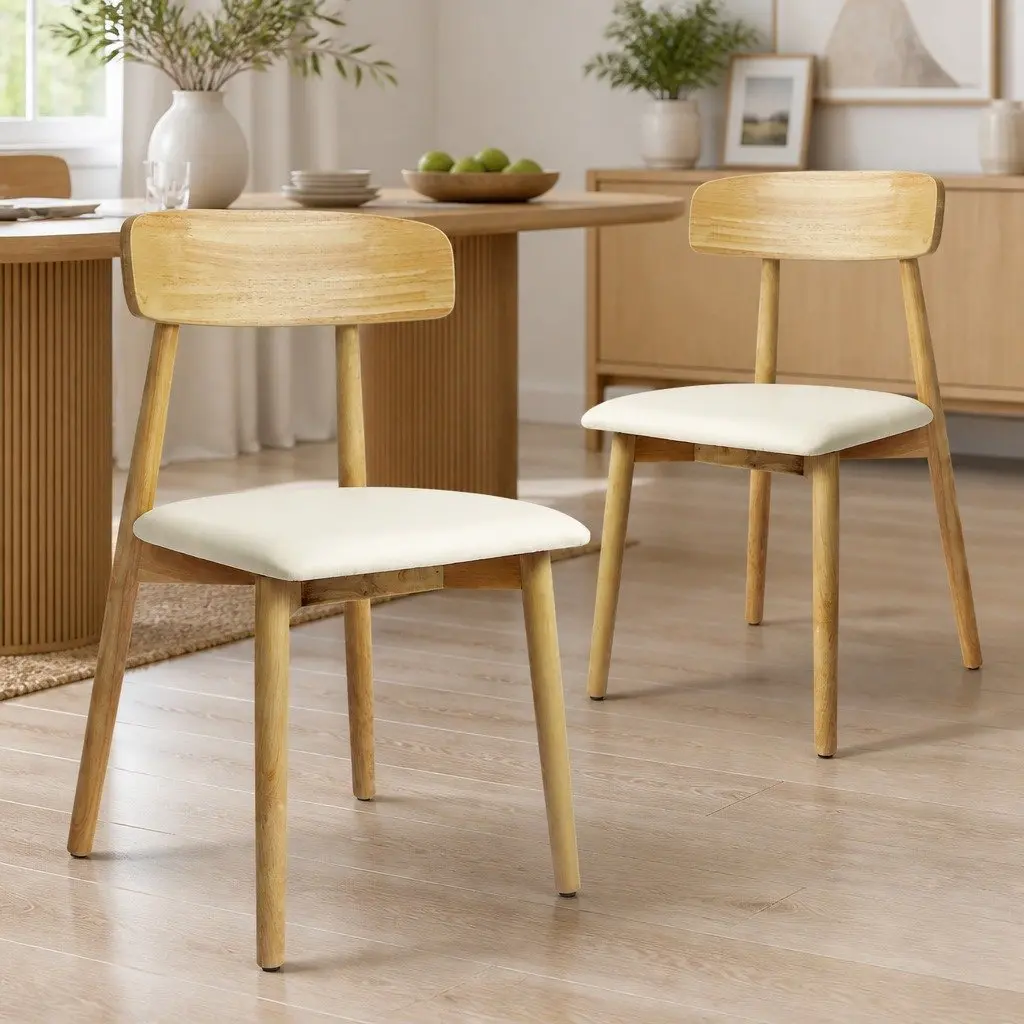 Set of 4 Ergonomic Dining Chairs Rubberwood Frame PU Leather Seat Natural Finish