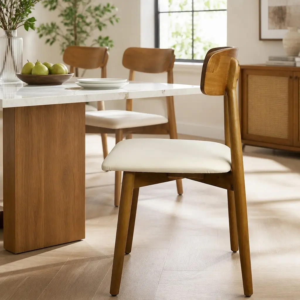 Dining Chairs Set of 4 Ergonomic Curved Backrest Walnut Rubberwood PU Leather