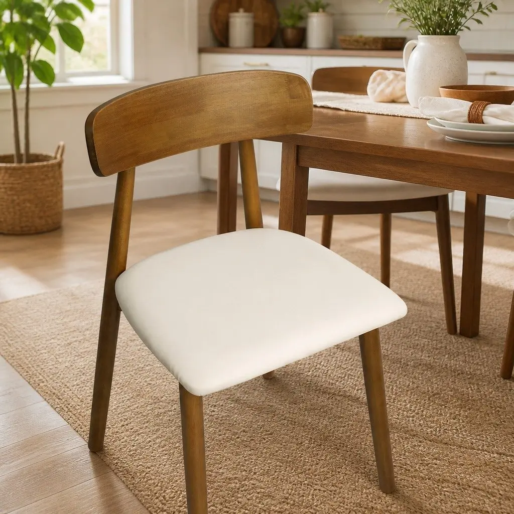 Dining Chairs Set of 4 Ergonomic Curved Backrest Walnut Rubberwood PU Leather