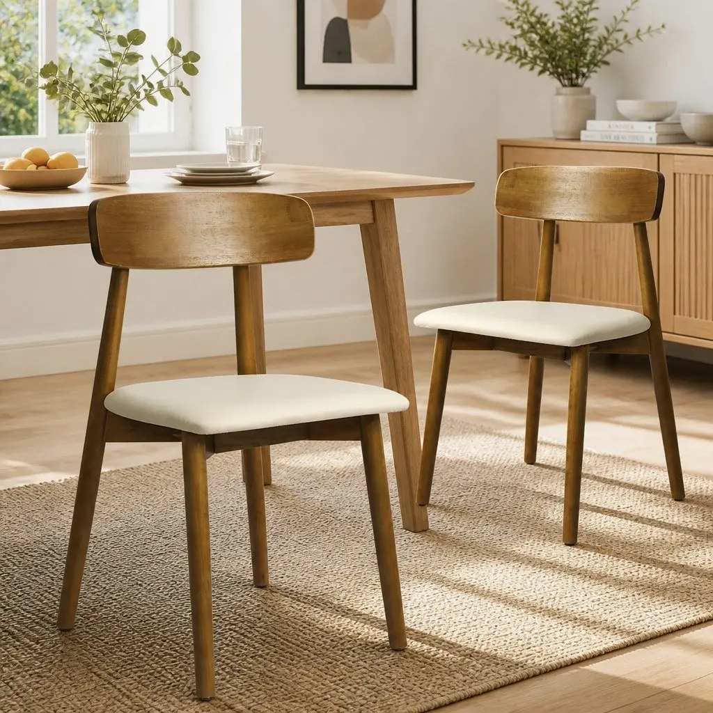 Dining Chairs Set of 4 Ergonomic Curved Backrest Walnut Rubberwood PU Leather