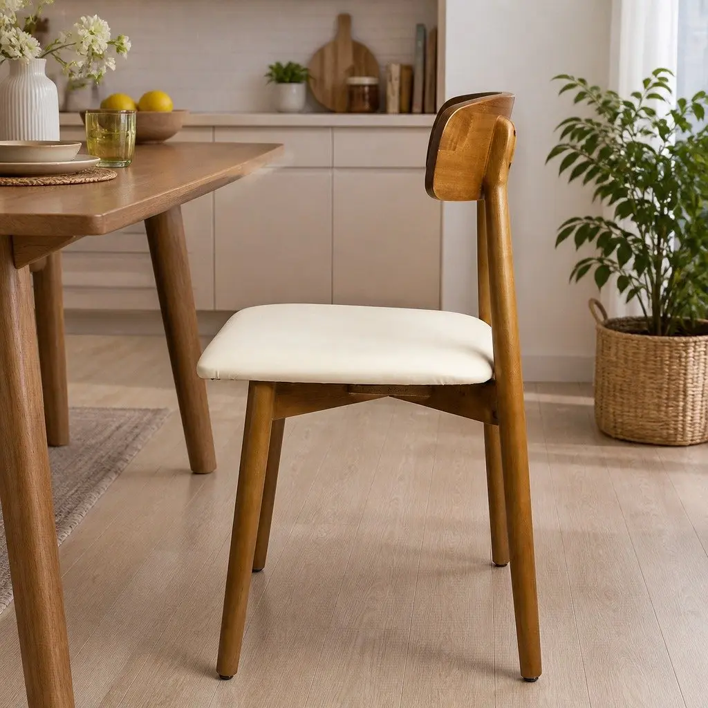 Dining Chairs Set of 6 Curved Backrest Walnut Rubber Wood PU Leather