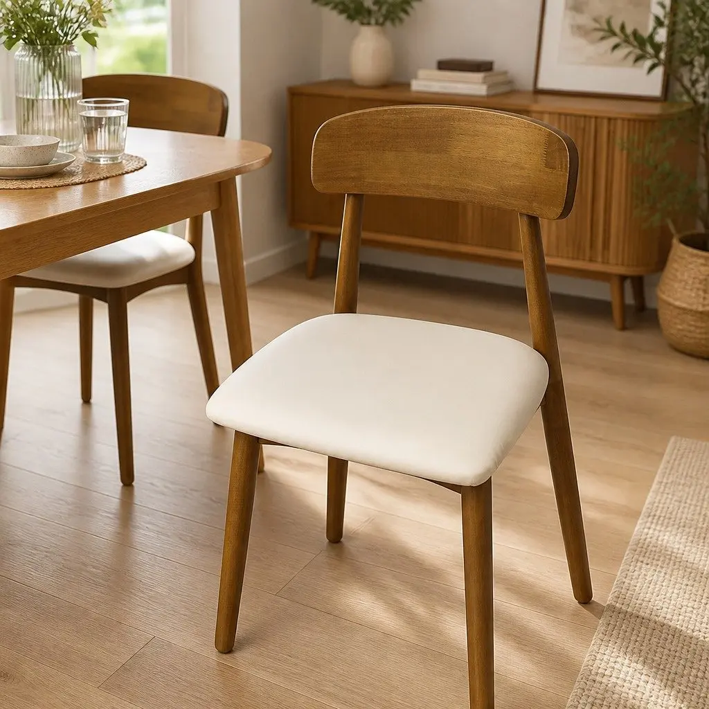 Dining Chairs Set of 6 Curved Backrest Walnut Rubber Wood PU Leather