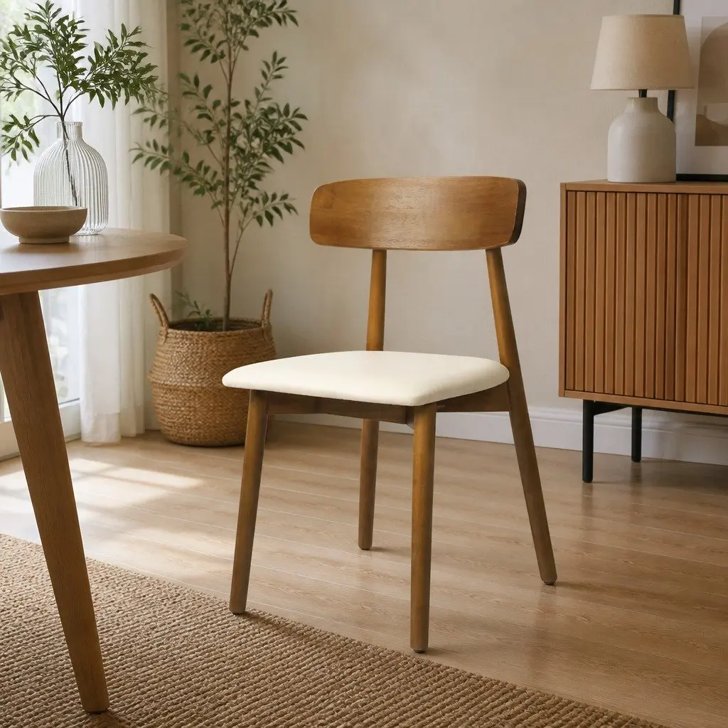 Dining Chairs Set of 6 Curved Backrest Walnut Rubber Wood PU Leather