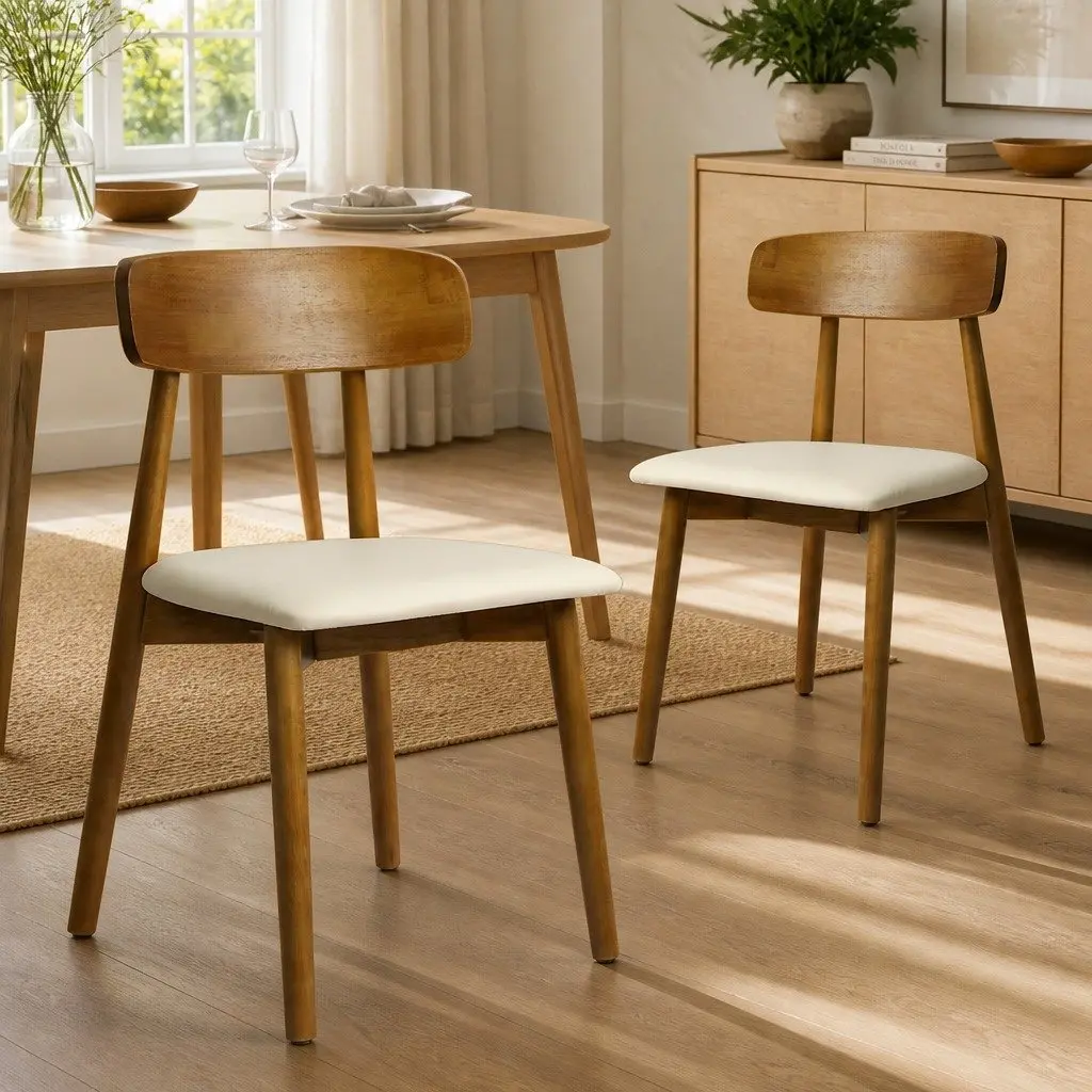 Dining Chairs Set of 6 Curved Backrest Walnut Rubber Wood PU Leather
