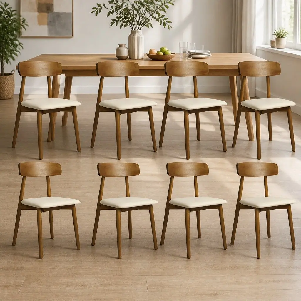 Ergonomic Dining Chairs Set of 8 PU Leather Cushioned Seat Curved Backrest Rubber Wood Walnut Finish