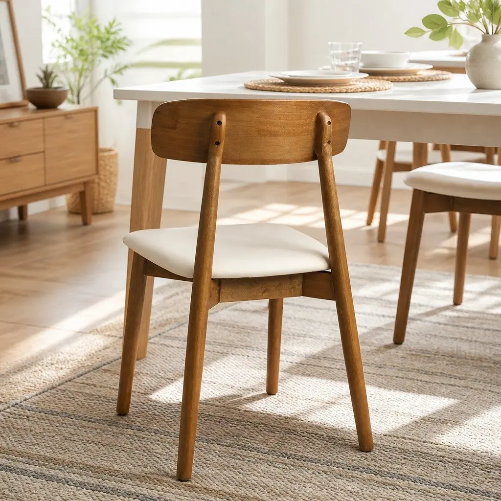 Ergonomic Dining Chairs Set of 8 PU Leather Cushioned Seat Curved Backrest Rubber Wood Walnut Finish