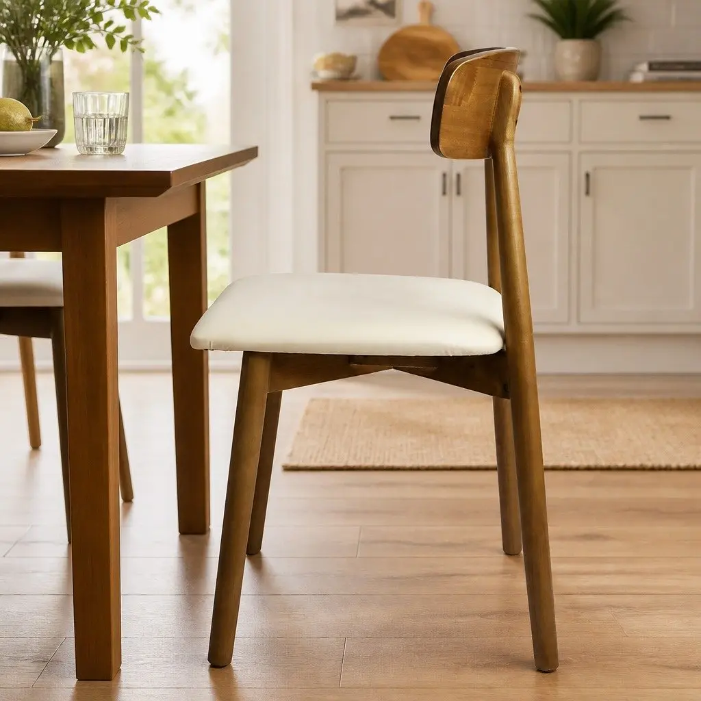 Ergonomic Dining Chairs Set of 8 PU Leather Cushioned Seat Curved Backrest Rubber Wood Walnut Finish