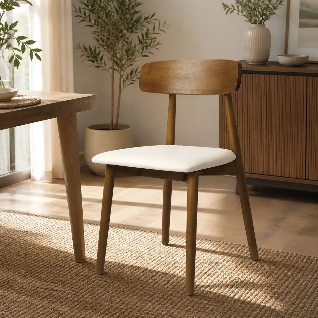 Ergonomic Dining Chairs Set of 8 PU Leather Cushioned Seat Curved Backrest Rubber Wood Walnut Finish