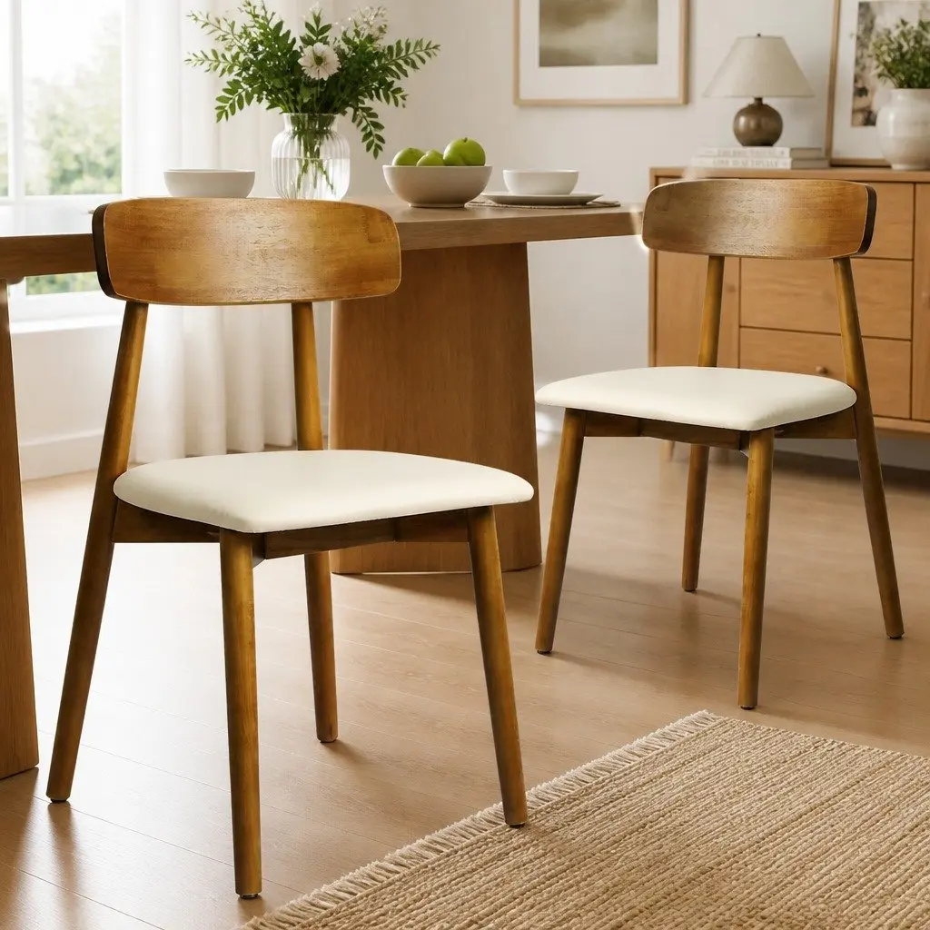 Ergonomic Dining Chairs Set of 8 PU Leather Cushioned Seat Curved Backrest Rubber Wood Walnut Finish
