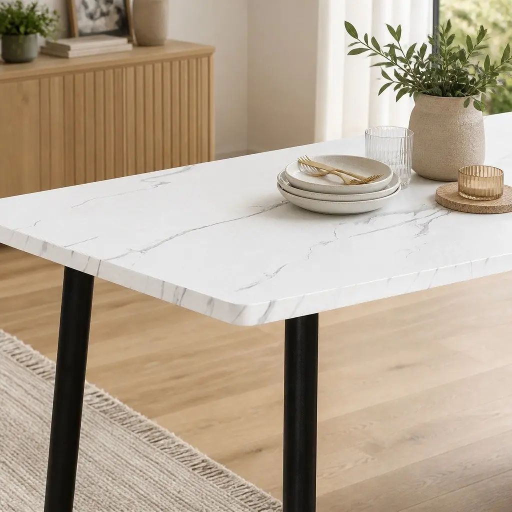 Dining Table White 150cm Steel Frame MDF Tabletop