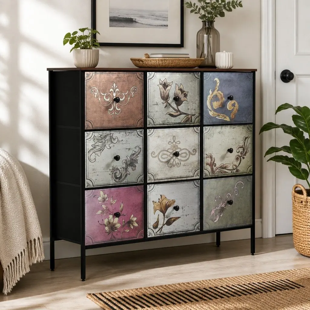Vintage Industrial 9 Drawer Chest for Bedroom Storage