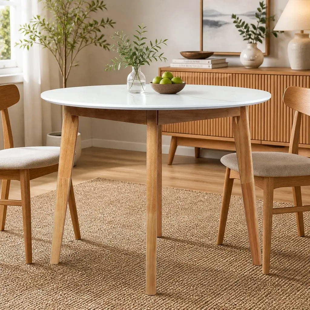 White Round Dining Table 100cm with Rubberwood Base