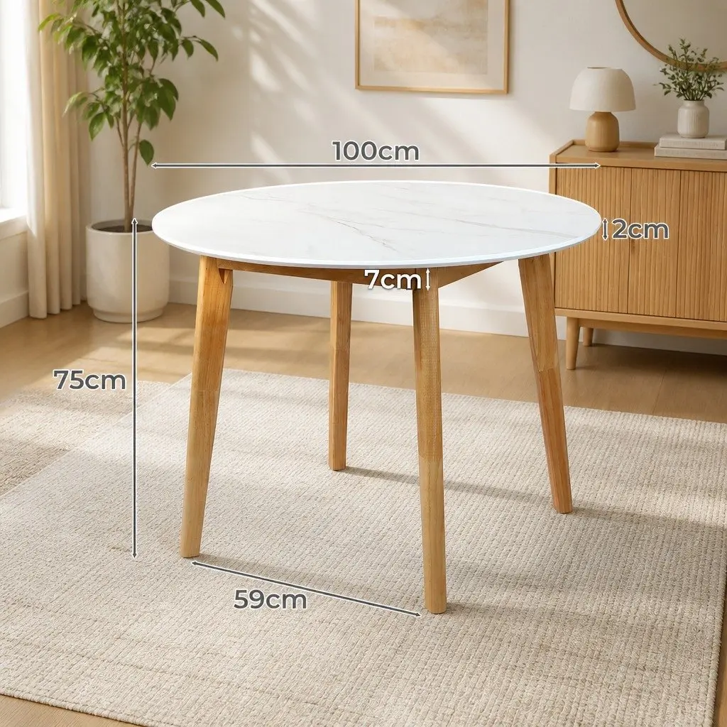 White Round Dining Table 100cm with Rubberwood Base