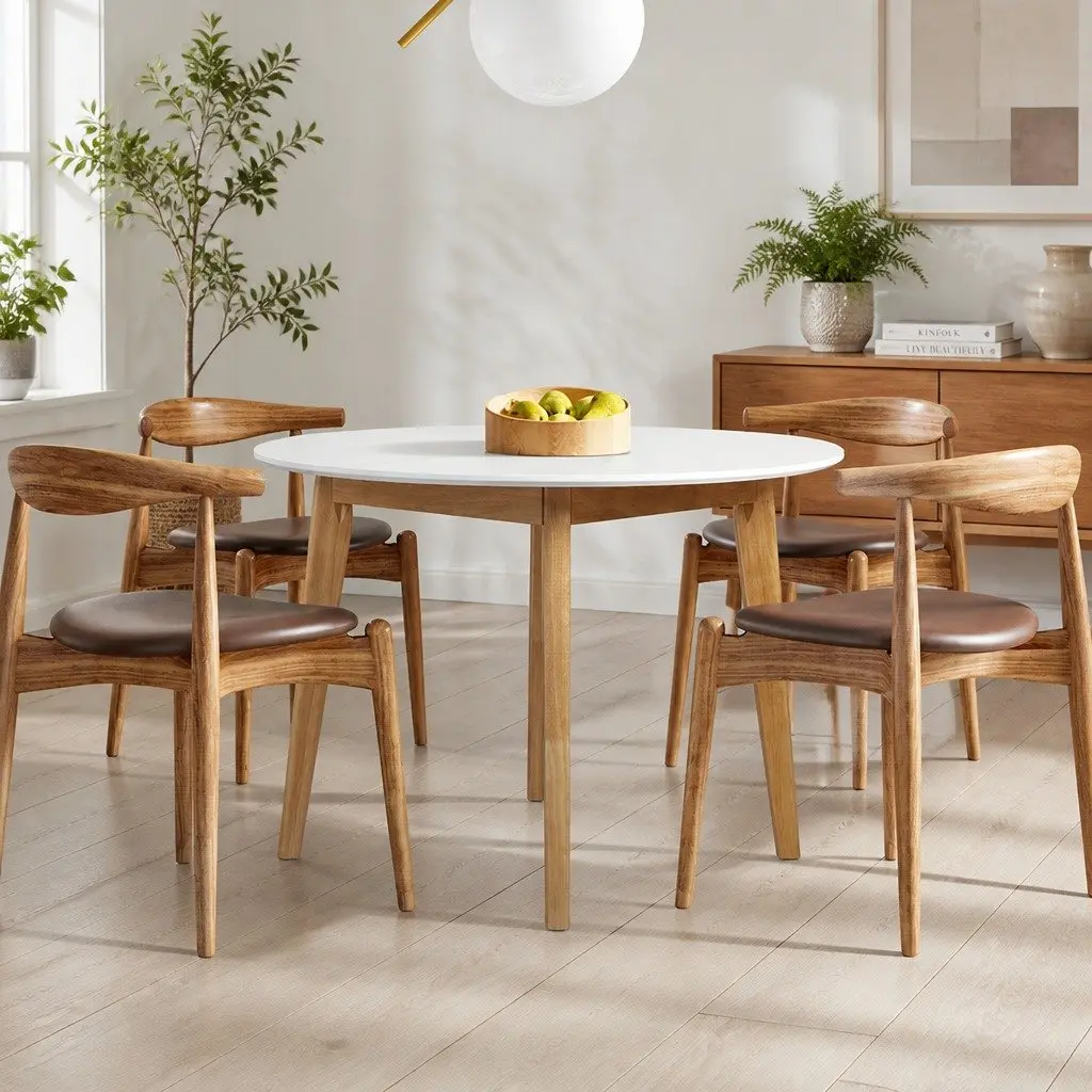 White Round Dining Table 100cm with Rubberwood Base